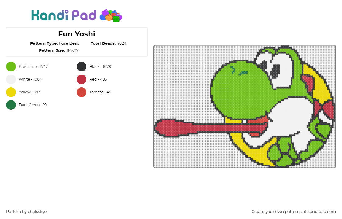 Fun Yoshi - Fuse Bead Pattern by chelsskye on Kandi Pad - yoshi,profile,nintendo,gaming,vibrant,playful,bright,colors