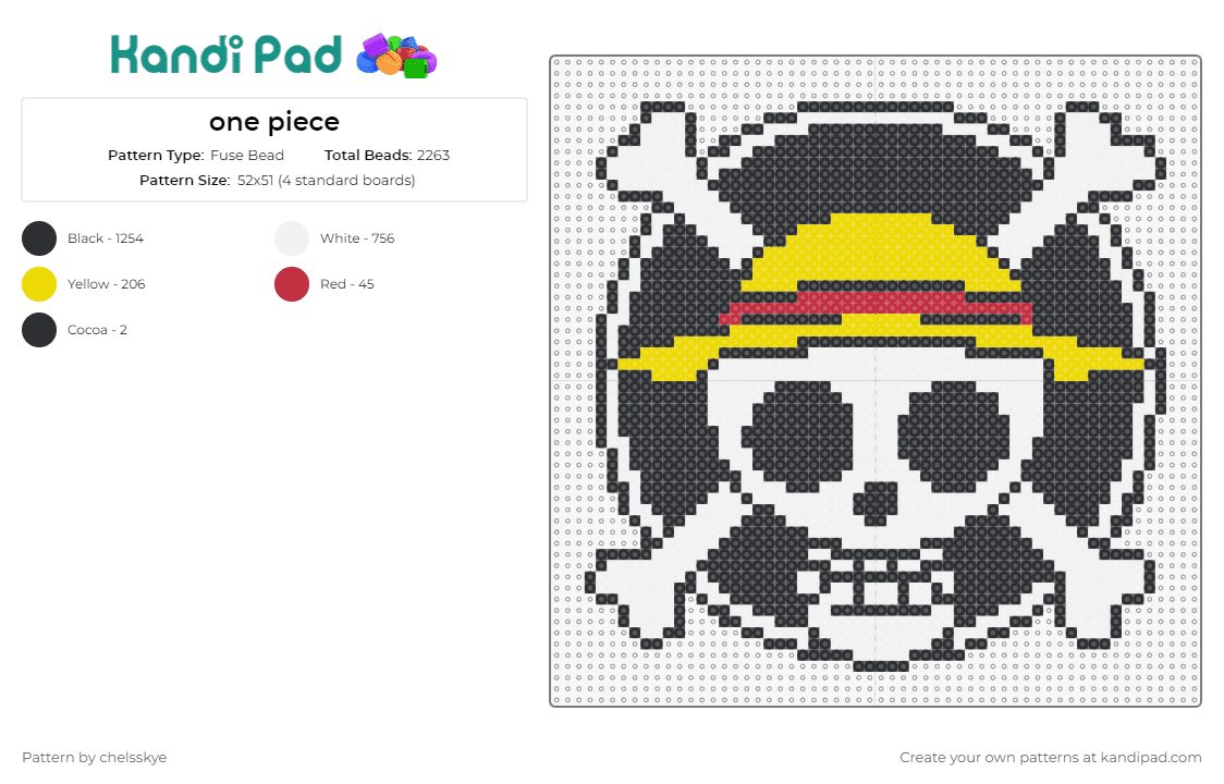 one piece - Fuse Bead Pattern by chelsskye on Kandi Pad - one piece,straw hat,pirate,anime,adventure,iconic,rebellion,spirit,black,white,yellow