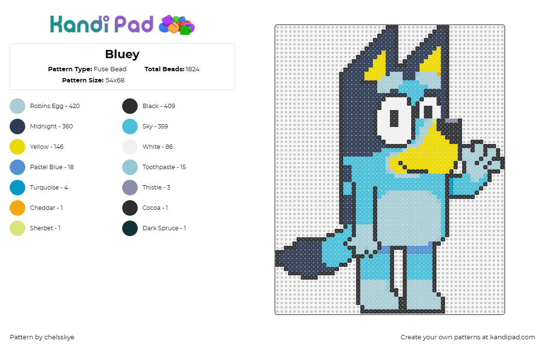 Bluey - Fuse Bead Pattern by chelsskye on Kandi Pad - bluey,animated,character,playful,children's show,television,family,blue