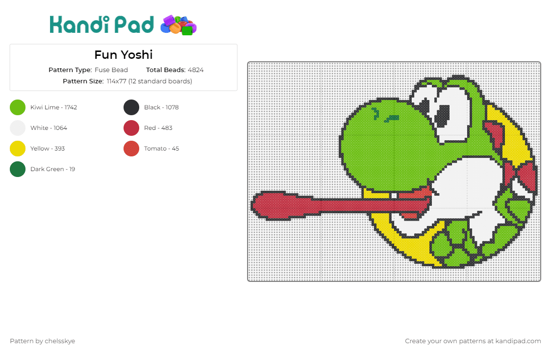 Fun Yoshi - Fuse Bead Pattern by chelsskye on Kandi Pad - yoshi,profile,nintendo,gaming,vibrant,playful,bright,colors,delightful,craft
