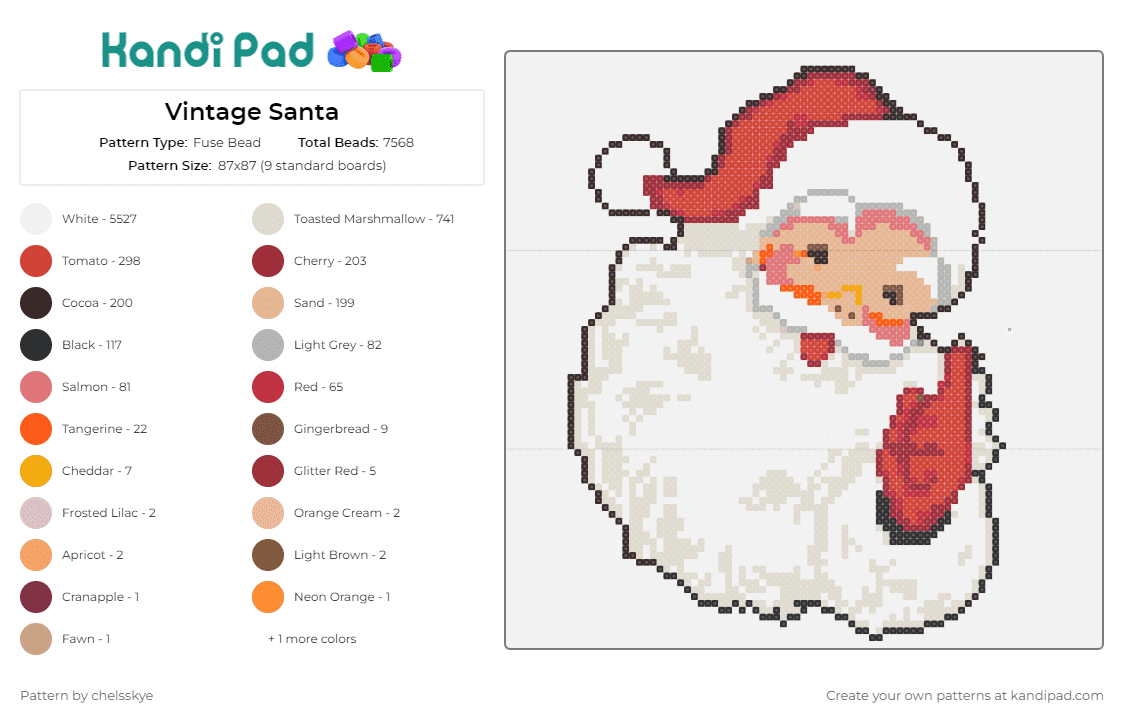 Vintage Santa - Fuse Bead Pattern by chelsskye on Kandi Pad - santa claus,christmas,holiday,festive,vintage,jolly,season,joy,warmth,red,white