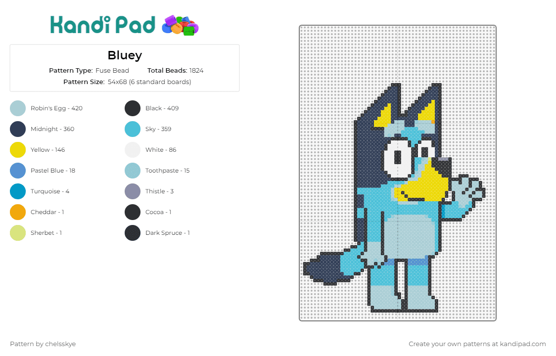Bluey - Fuse Bead Pattern by chelsskye on Kandi Pad - bluey,animated,character,playful,charm,children's show,television,family,blue