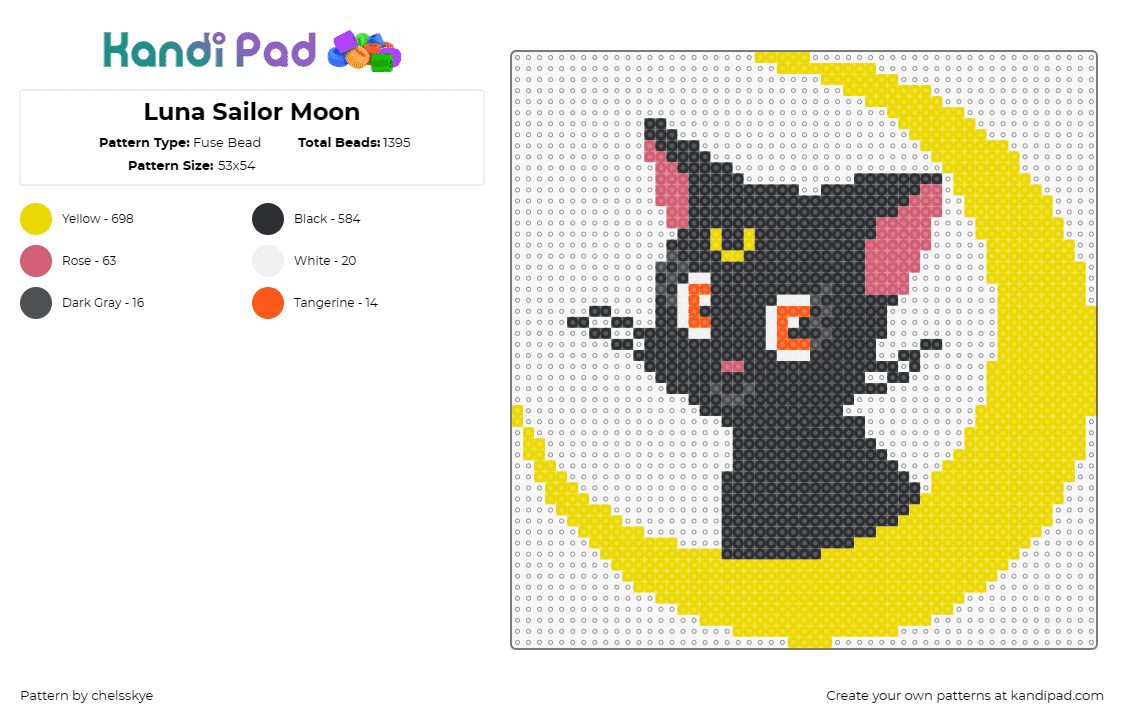 Luna Sailor Moon - Fuse Bead Pattern by chelsskye on Kandi Pad - sailor moon,luna,cat,anime,mystical,crescent,moon,character,feline,black,yellow