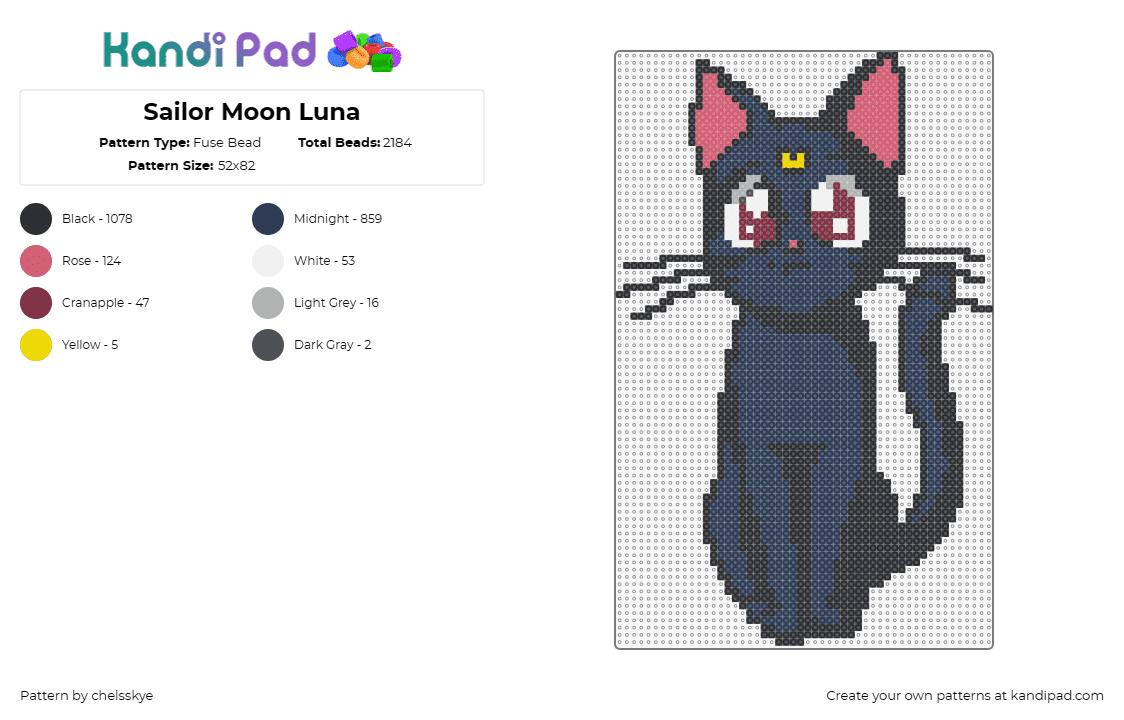 Sailor Moon Luna - Fuse Bead Pattern by chelsskye on Kandi Pad - luna,sailor moon,cat,crescent moon,black,captivating eyes,sleek coat,yellow,pink