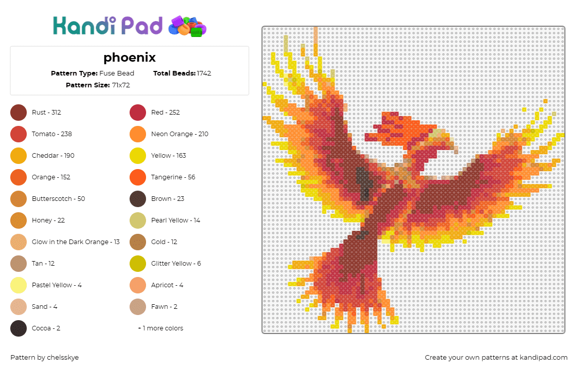 phoenix - Fuse Bead Pattern by chelsskye on Kandi Pad - phoenix,bird,fiery,mythological,rebirth,immortality,flight,transformation,orange