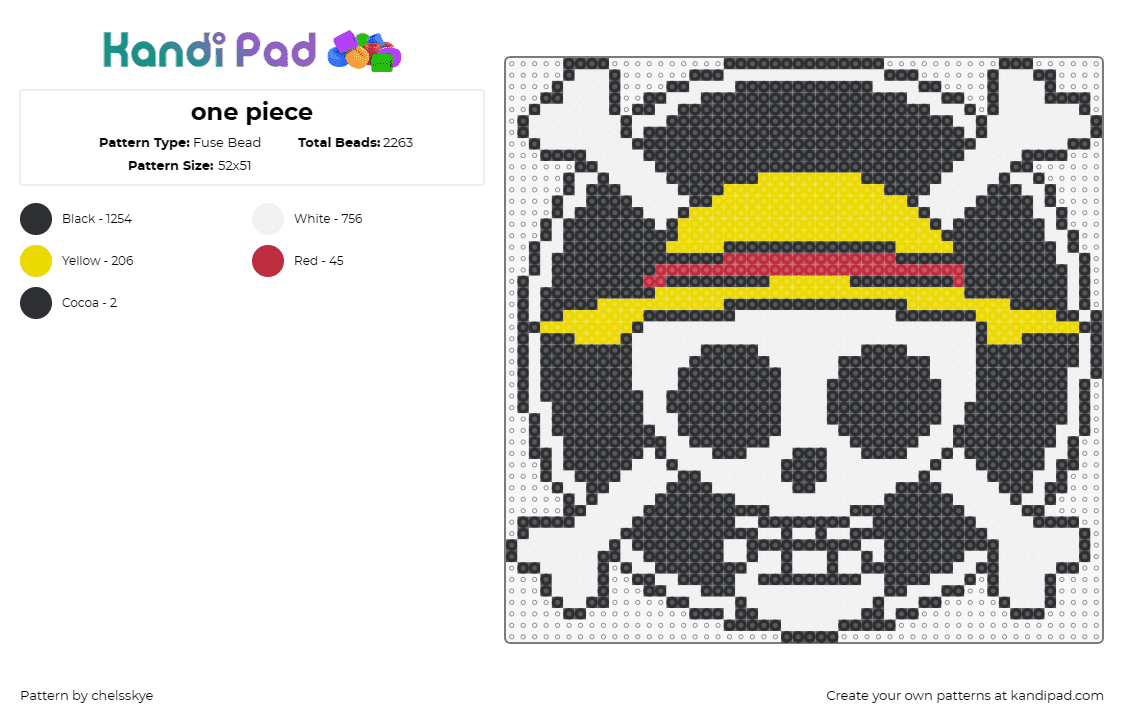 one piece - Fuse Bead Pattern by chelsskye on Kandi Pad - one piece,straw hat,pirate,anime,adventure,rebellion,spirit,black,white,yellow