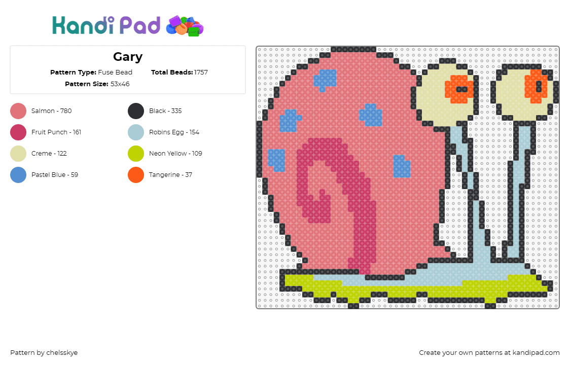 Gary - Fuse Bead Pattern by chelsskye on Kandi Pad - gary,spongebob squarepants,snail,pet,animated series,character,pink,light blue