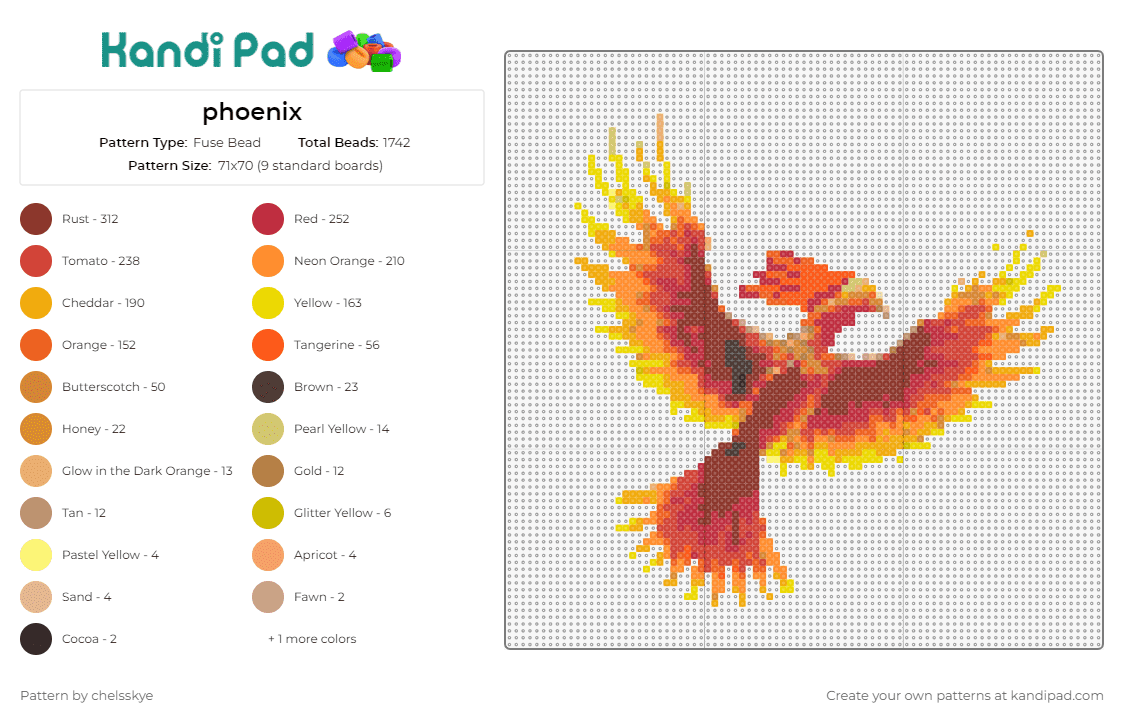 phoenix - Fuse Bead Pattern by chelsskye on Kandi Pad - phoenix,bird,fiery,mythological,rebirth,immortality,flight,transformation,orange