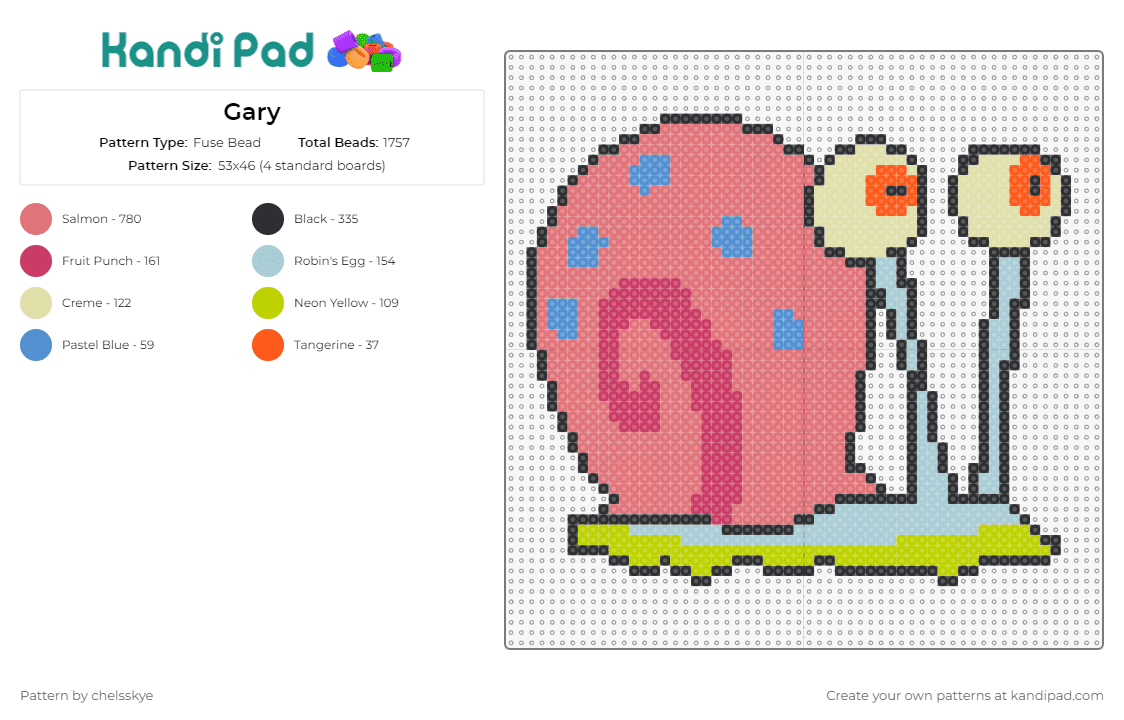 Gary - Fuse Bead Pattern by chelsskye on Kandi Pad - gary,spongebob squarepants,snail,pet,animated series,character,pink,light blue