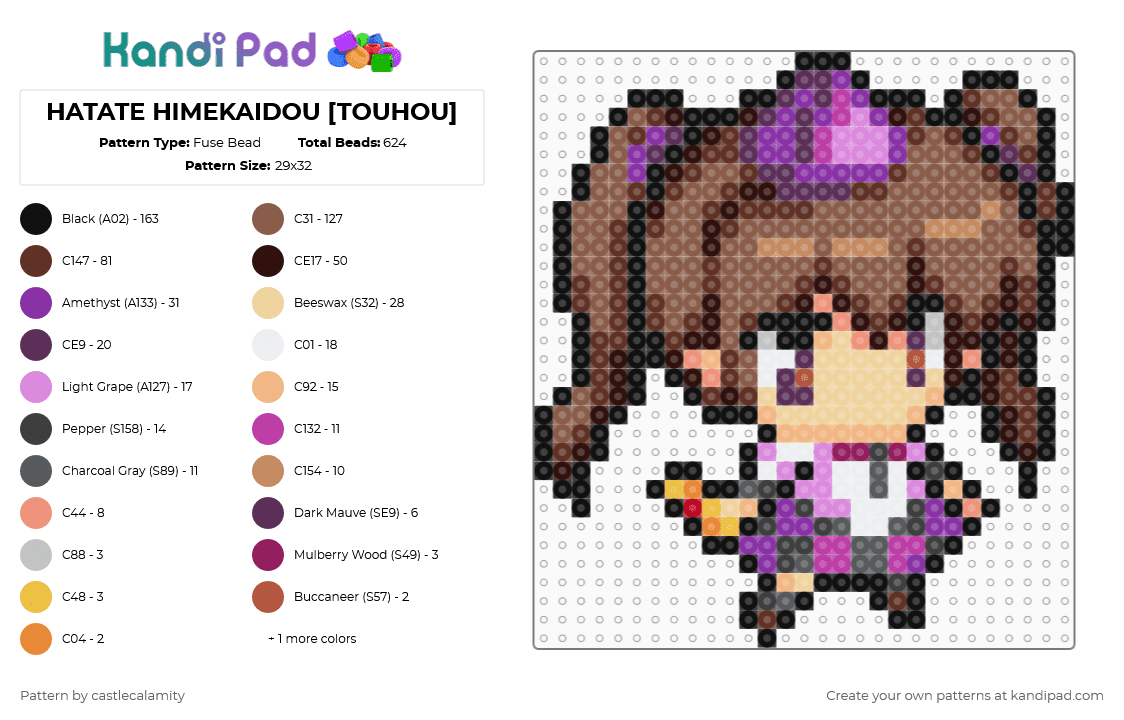 HATATE HIMEKAIDOU [TOUHOU] - Fuse Bead Pattern by castlecalamity on Kandi Pad - hatate himekaidou,touhou,character,chibi,hatate,himekaidou,anime,video game,gaming,pink,tan,brown