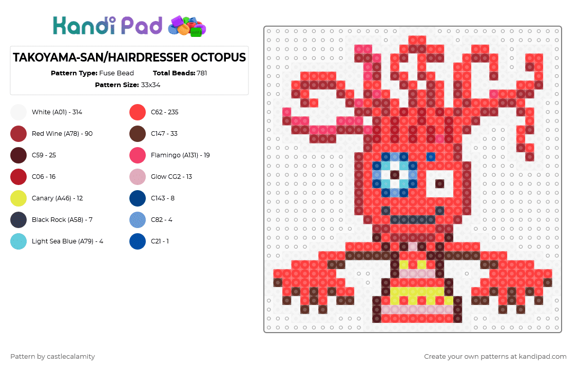TAKOYAMA-SAN/HAIRDRESSER OCTOPUS - Fuse Bead Pattern by castlecalamity on Kandi Pad - white,red