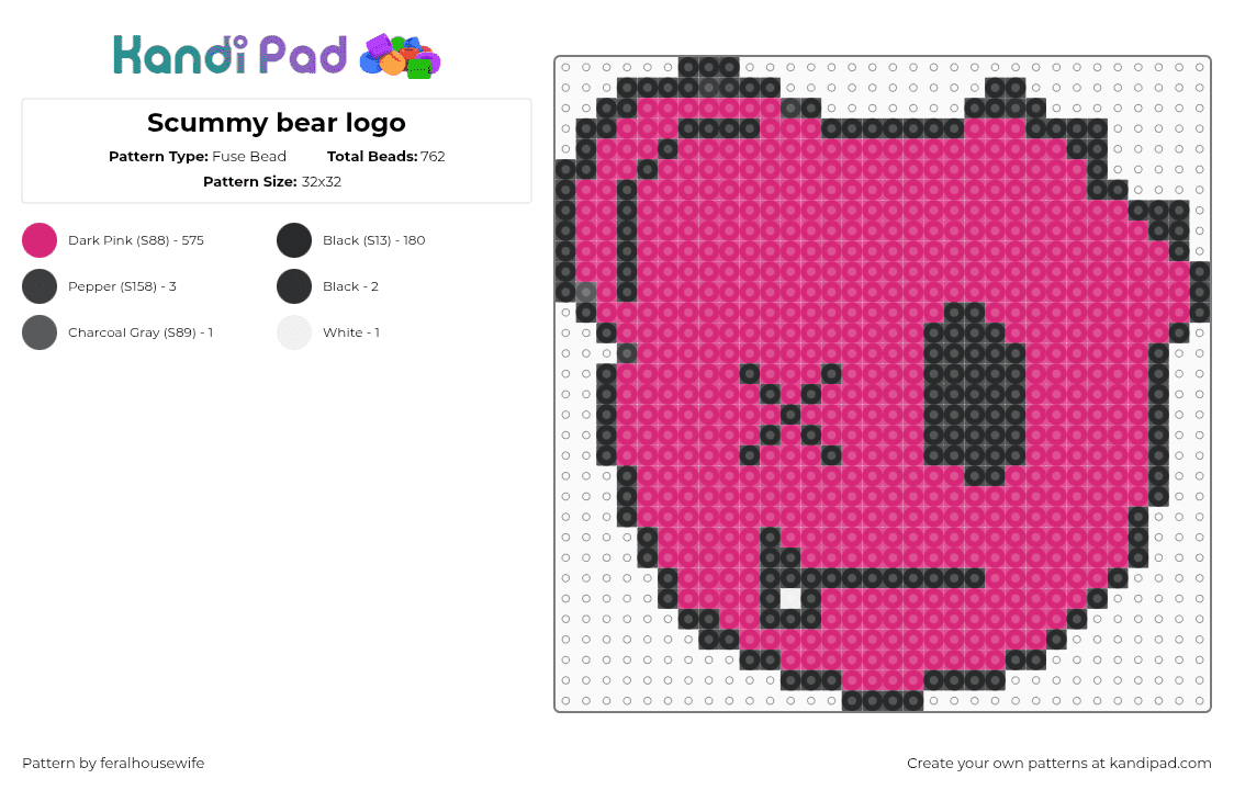 Scummy bear logo - Fuse Bead Pattern by feralhousewife on Kandi Pad - pink,mini,edm,rave,bear,bears
