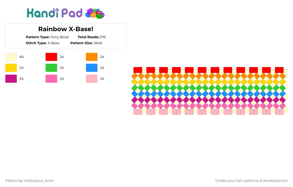 Rainbow X-Base! - Pony Bead Pattern by iwilleatyour_heart on Kandi Pad - pink, yellow