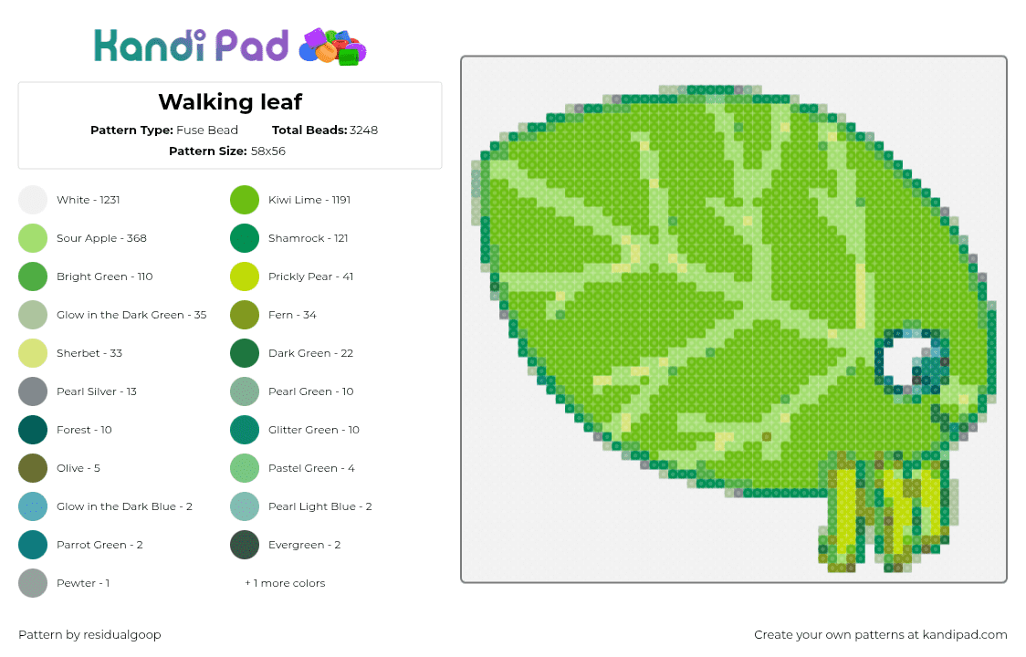 Walking leaf - Fuse Bead Pattern by residualgoop on Kandi Pad - white,green,bluey,bingo,walkingleaf,leafbug