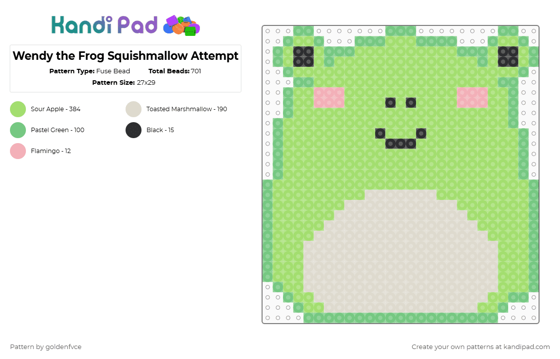 Wendy the Frog Squishmallow Attempt - Fuse Bead Pattern by goldenfvce on Kandi Pad - green,squishmallow,wendy,frog,cute