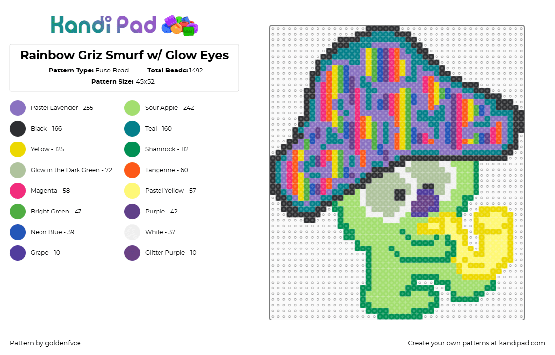 Rainbow Griz Goblin(?) w/ Glow Eyes - Fuse Bead Pattern by goldenfvce on Kandi Pad - griz,glow,rainbow,saxophone,teal,blue,yellow,green