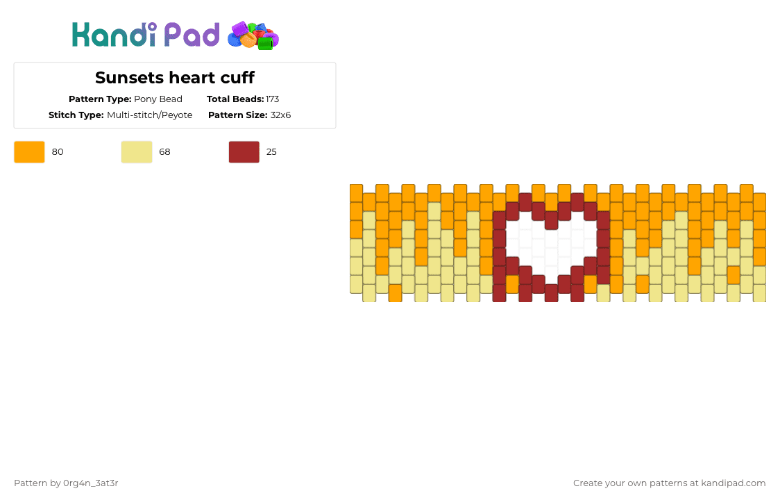 Sunsets heart cuff - Pony Bead Pattern by 0rg4nz on Kandi Pad - yellow,orange