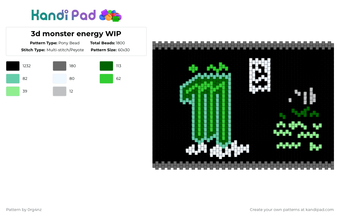 3d monster energy finished 💪 - Pony Bead Pattern by 0rg4nz on Kandi Pad - black,green,teal,gray