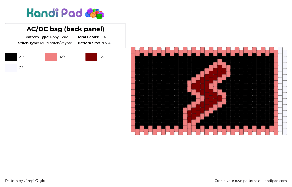 AC/DC bag (back panel) - Pony Bead Pattern by v4mp1r3_g1rrl on Kandi Pad - black,red
