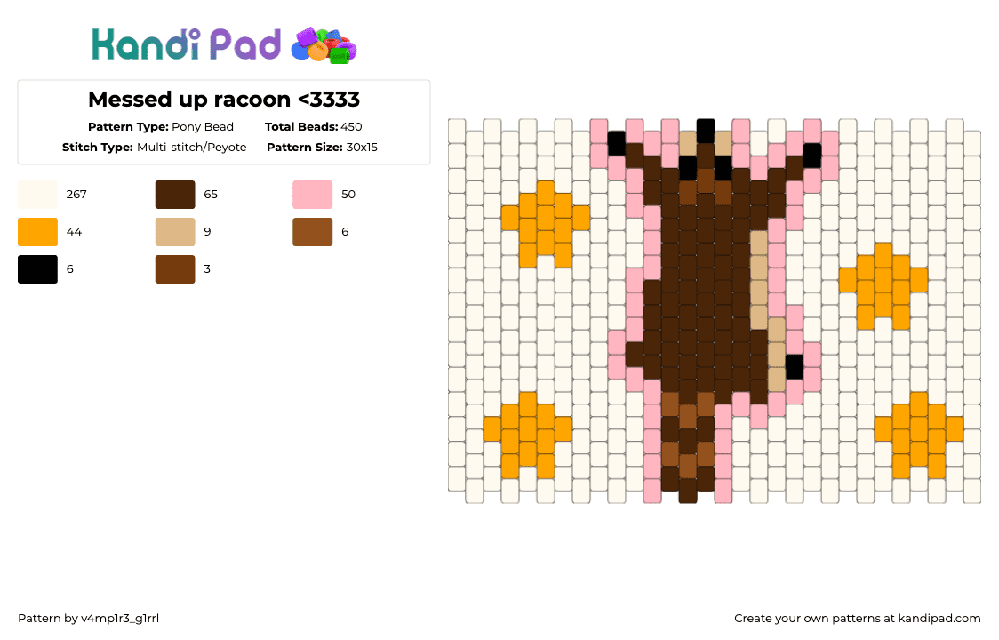 Messed up racoon - Pony Bead Pattern by v4mp1r3_g1rrl on Kandi Pad - white,brown,orange,pink