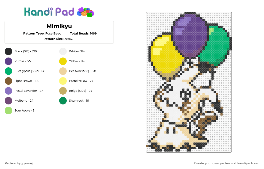 Mimikyu - Fuse Bead Pattern by jpynnej on Kandi Pad - beige,yellow,purple,green