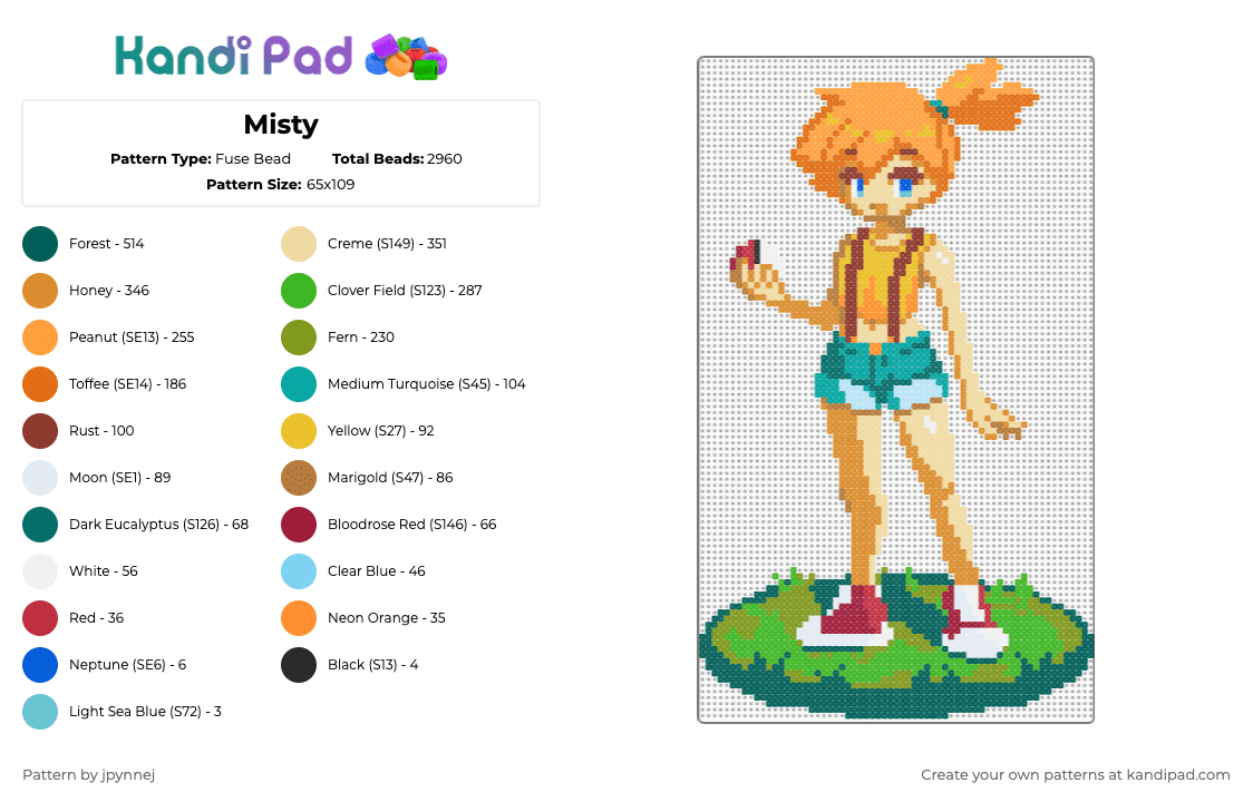 Misty - Fuse Bead Pattern by jpynnej on Kandi Pad - misty,pokemon,trainer,character,cartoon,anime,girl,woman,gaming,video game,gray,green,beige,colorful