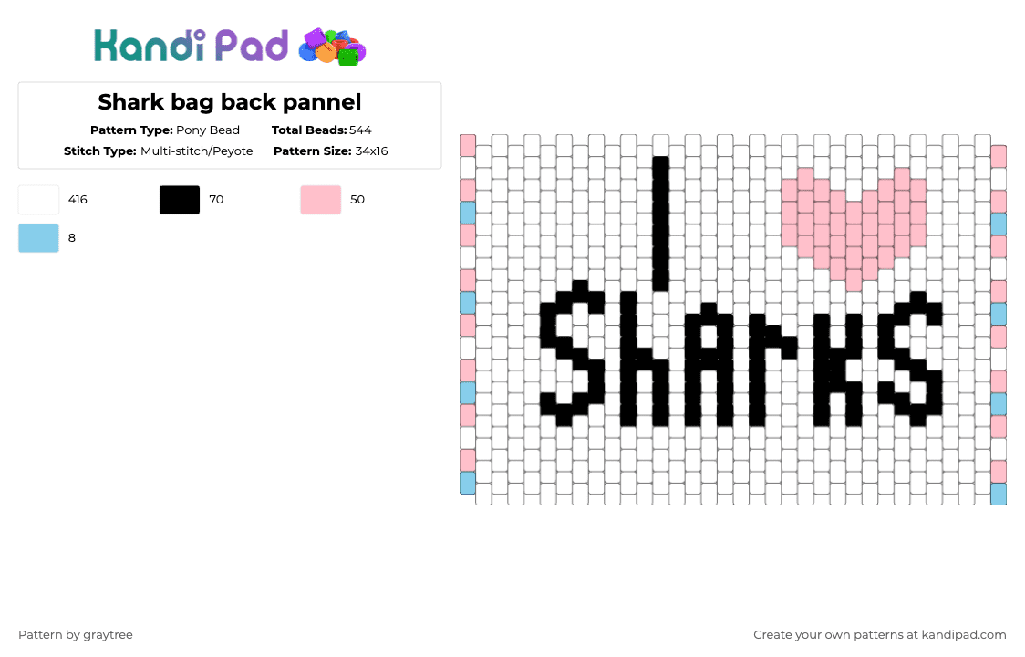Shark bag back pannel - Pony Bead Pattern by graytree on Kandi Pad - white,pink