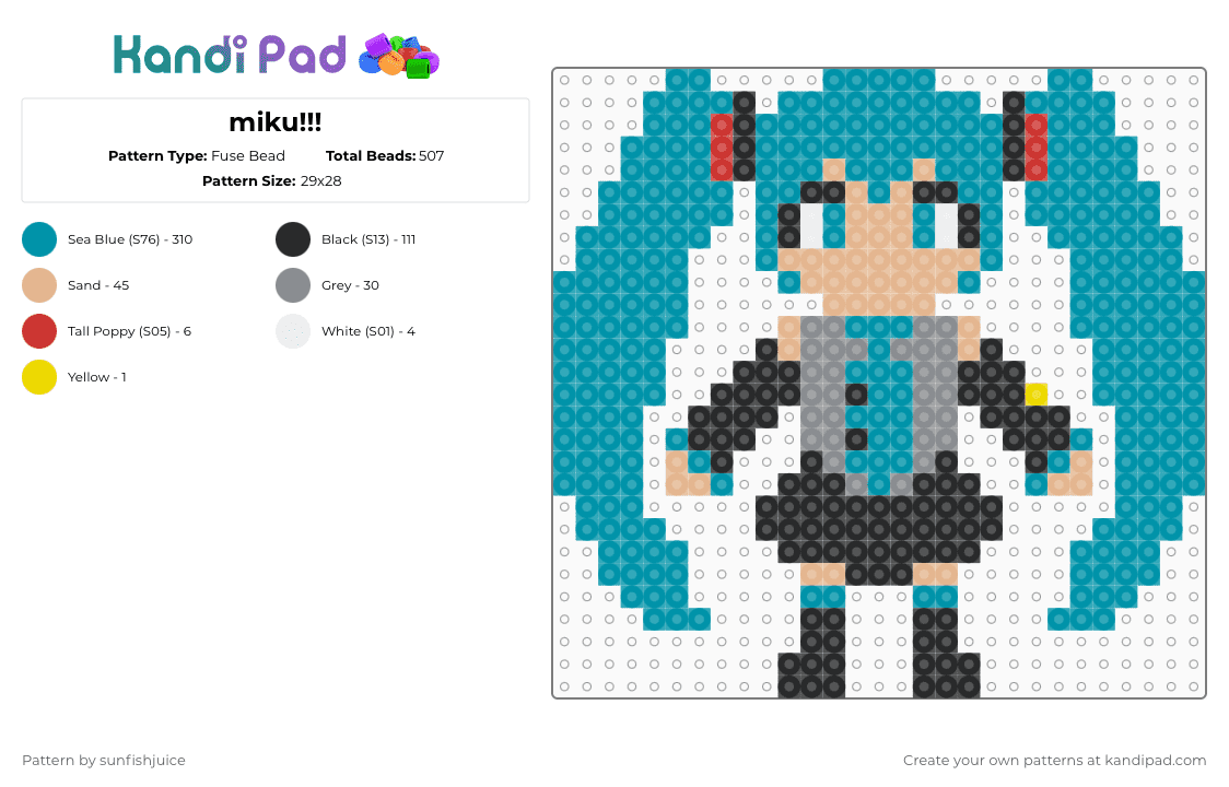 miku!!! - Fuse Bead Pattern by sunfishjuice on Kandi Pad - teal