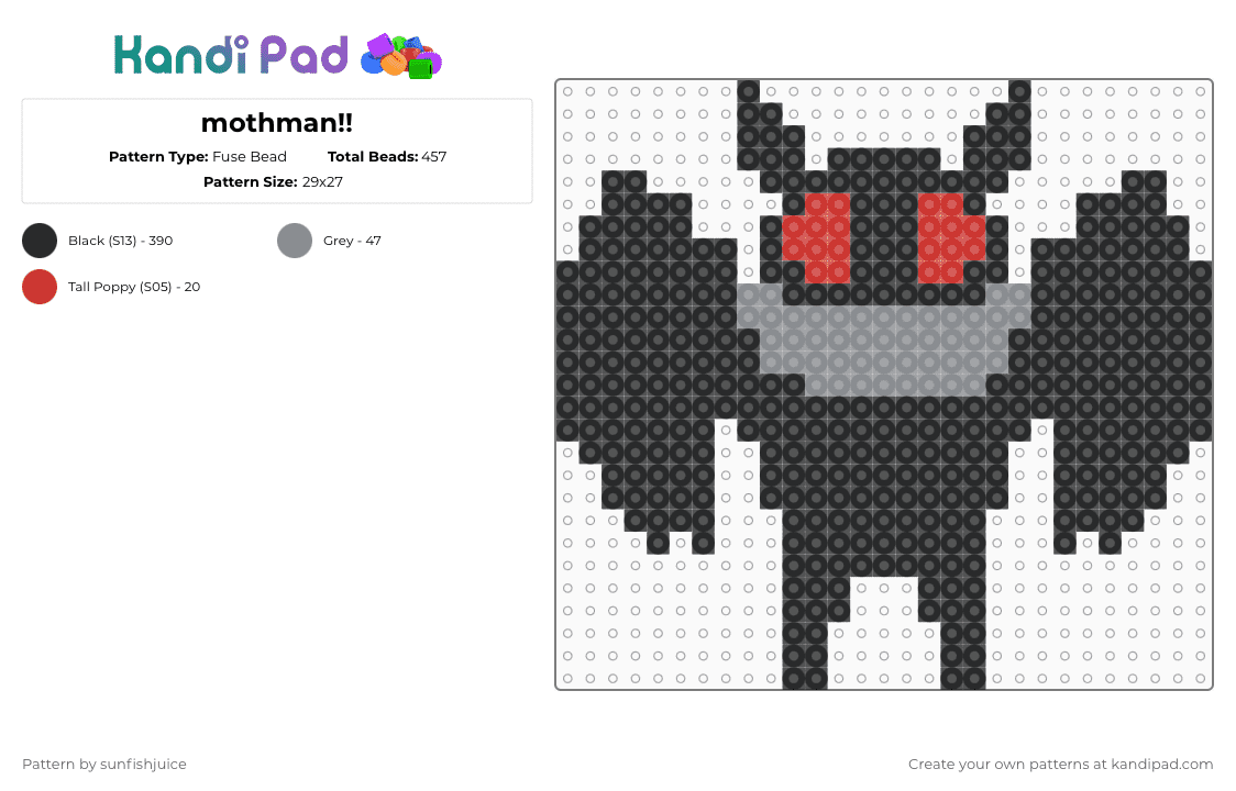 mothman!! - Fuse Bead Pattern by sunfishjuice on Kandi Pad - black,red,gray