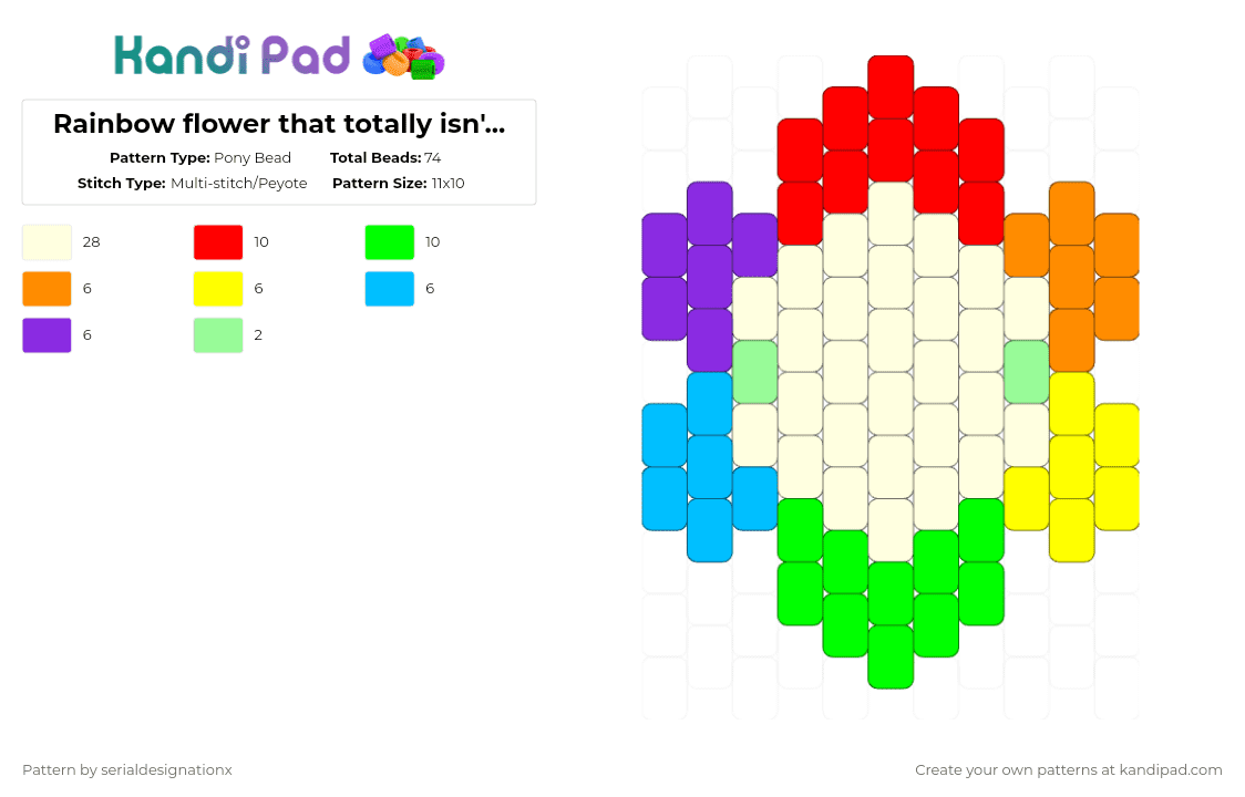 Rainbow flower that totally isn\'t dandy - Pony Bead Pattern by serialdesignationx on Kandi Pad - white,red,yellow,light blue,purple,colorful