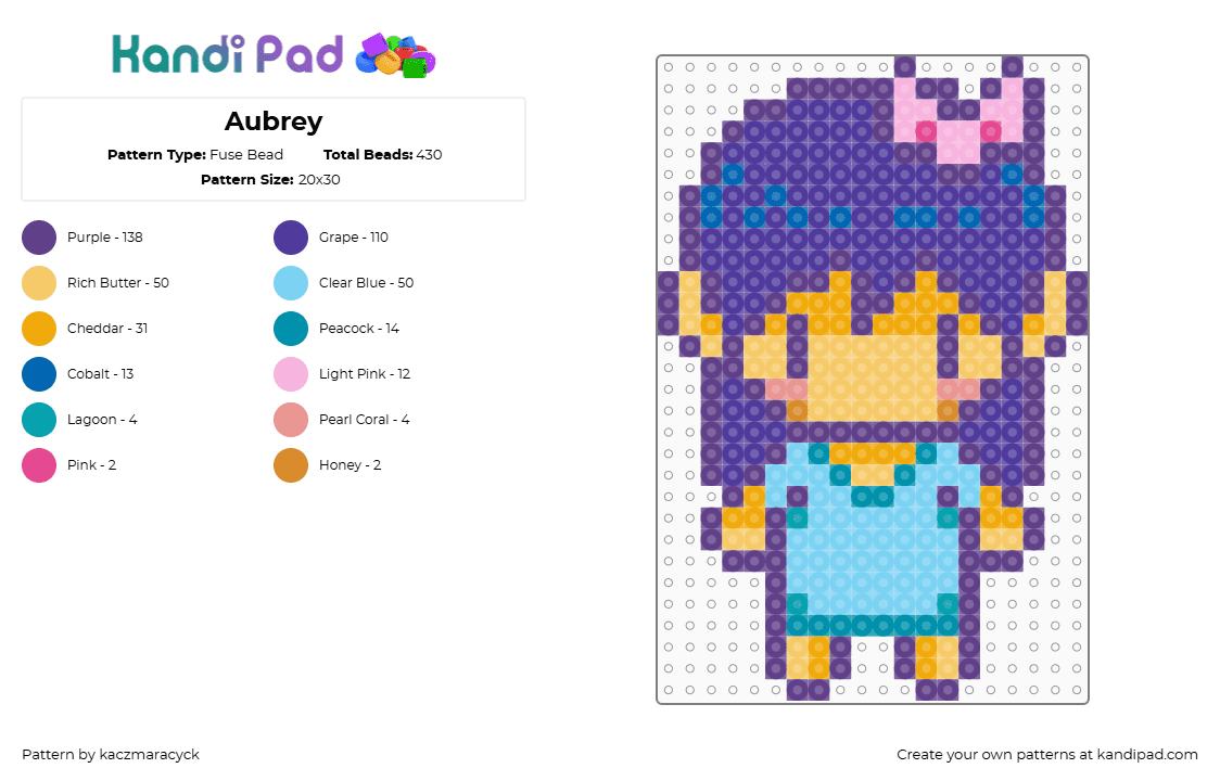 Aubrey - Fuse Bead Pattern by kaczmaracyck on Kandi Pad - purple,yellow,light blue,omori,aubrey,cute,pixel art