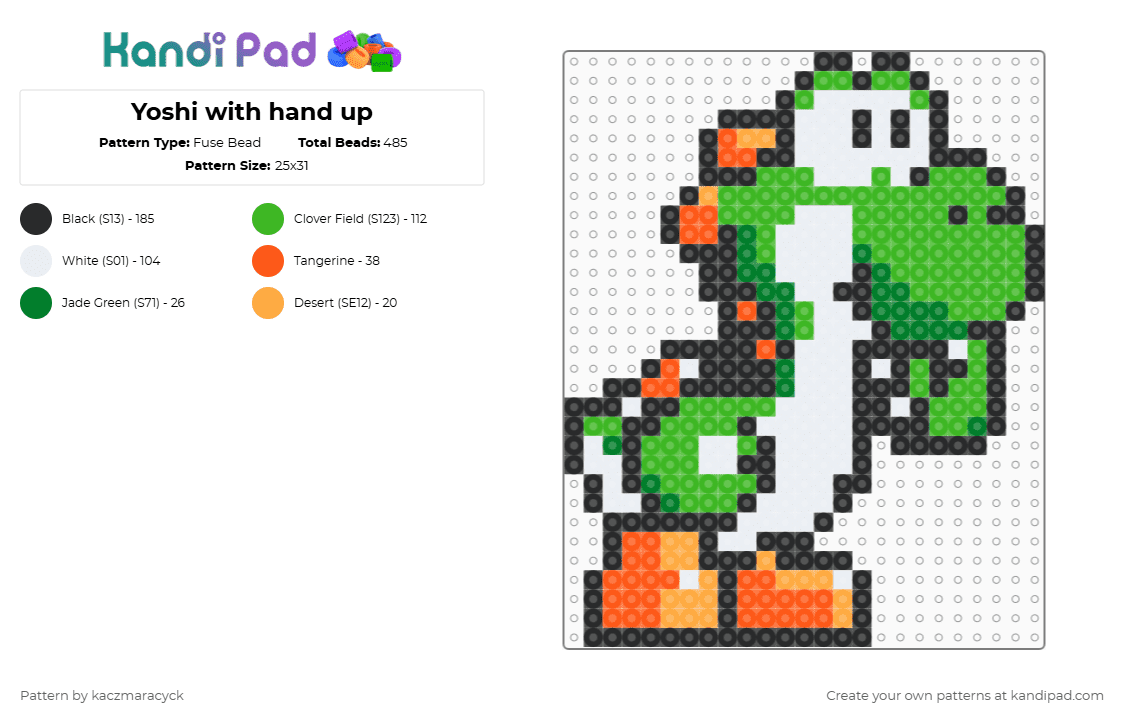 Yoshi with hand up - Fuse Bead Pattern by kaczmaracyck on Kandi Pad - green,orange,yoshi,mario,dinosaur