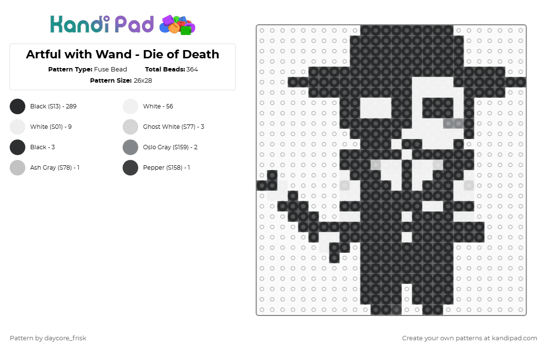 Artful with Wand - Die of Death - Fuse Bead Pattern by daycore_frisk on Kandi Pad - beige, black, gray, white