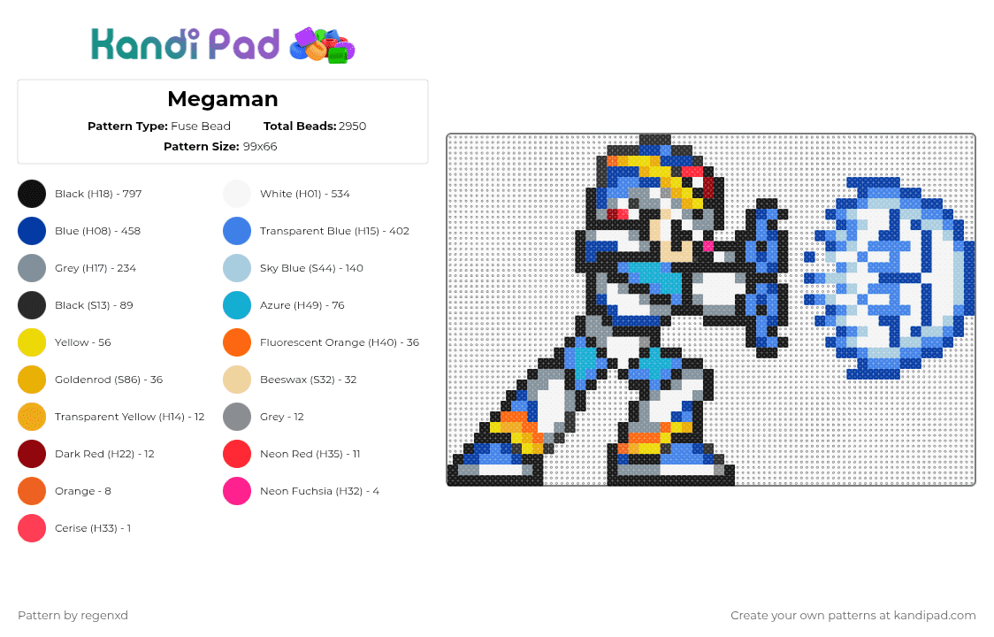 Megaman - Fuse Bead Pattern by regenxd on Kandi Pad - megaman,video game,robot,gaming,gray,blue,light blue