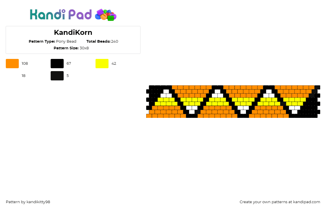 KandiKorn - Pony Bead Pattern by kandikitty98 on Kandi Pad - candy corn,halloween,cuff,spooky,seasonal,festive,orange,yellow