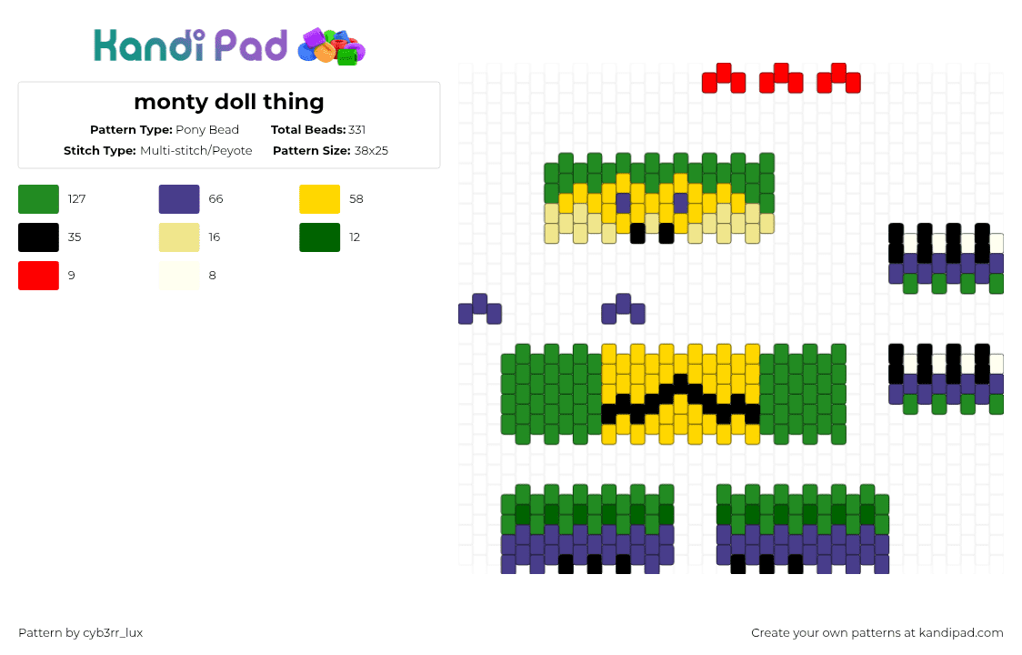 monty doll thing - Pony Bead Pattern by cyb3rr_lux on Kandi Pad - green,yellow,monty,fnaf,five nights at freddys,montgomery gator,security breach