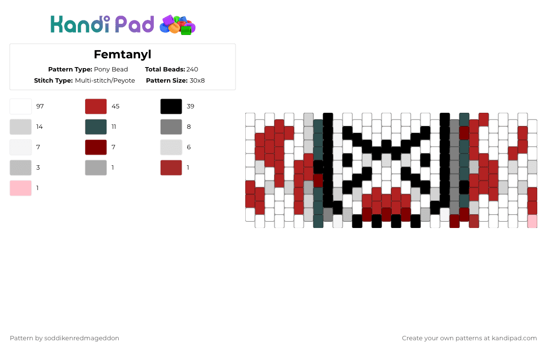 Femtanyl - Pony Bead Pattern by soddikenredmageddon on Kandi Pad - white,red,gray