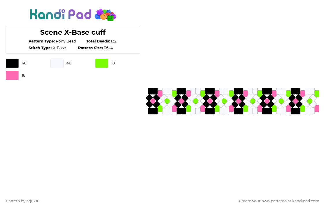 Scene X-Base cuff - Pony Bead Pattern by agi1210 on Kandi Pad - green,pink,scene,x base,black,white