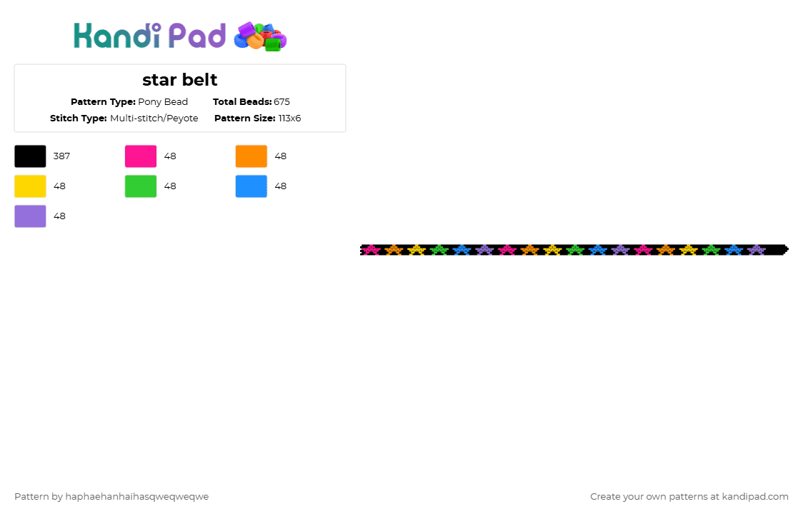 star belt - Pony Bead Pattern by haphaehanhaihasqweqweqwe on Kandi Pad - black,orange,green,purple,colorful
