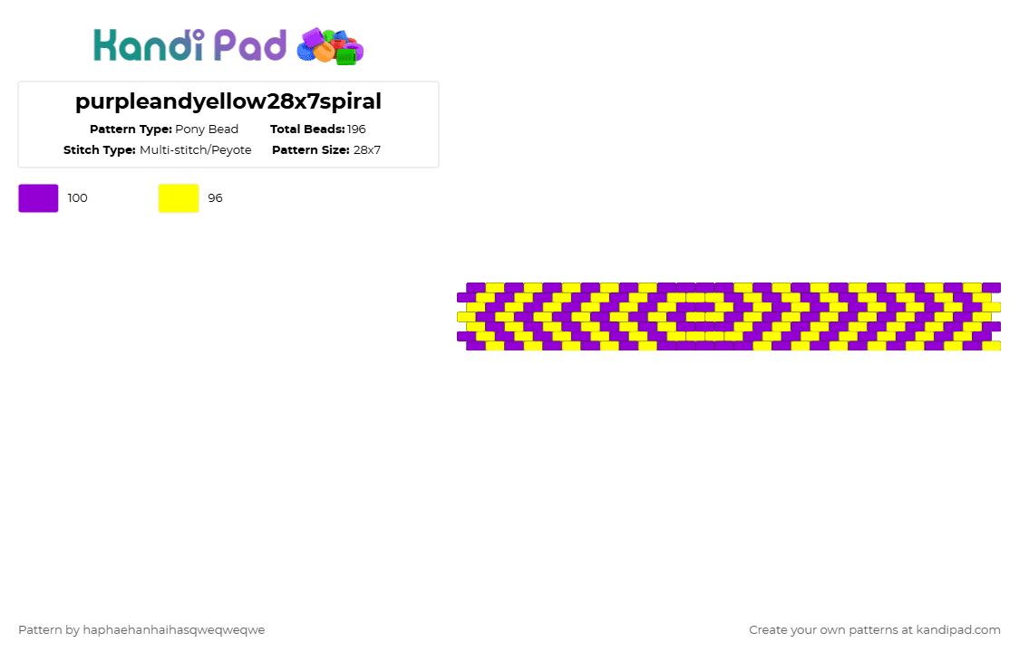 purpleandyellow28x7spiral - Pony Bead Pattern by haphaehanhaihasqweqweqwe on Kandi Pad - yellow,purple