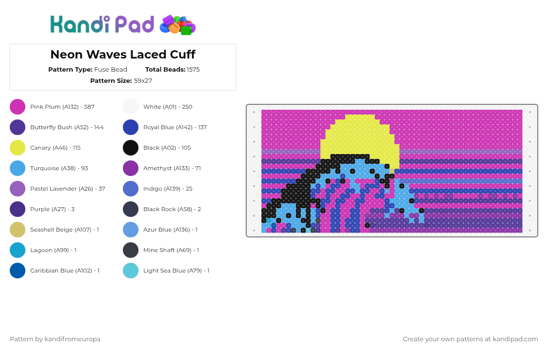 Neon Waves Laced Cuff - Fuse Bead Pattern by kandifromeuropa on Kandi Pad - pink,purple,cotdvaporwaveaesthetics,neon,waves,cuff,laced cuff,nature,kandi from europa,sunset