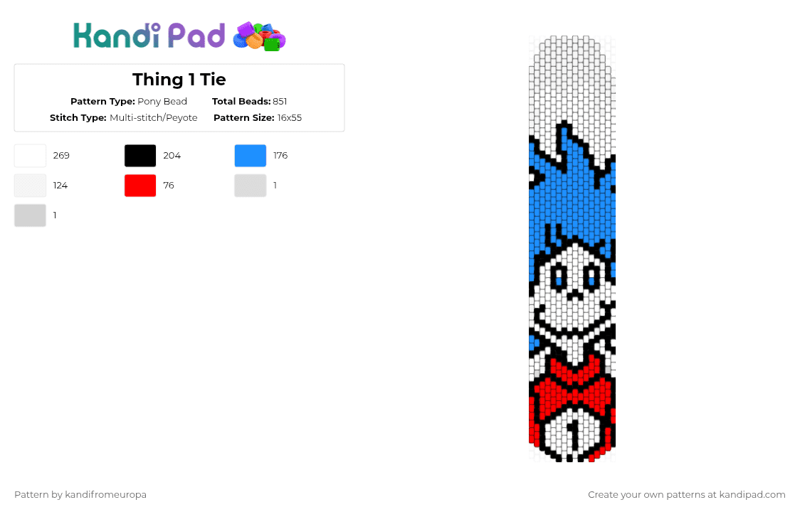Thing 1 Tie - Pony Bead Pattern by kandifromeuropa on Kandi Pad - white,light blue,red