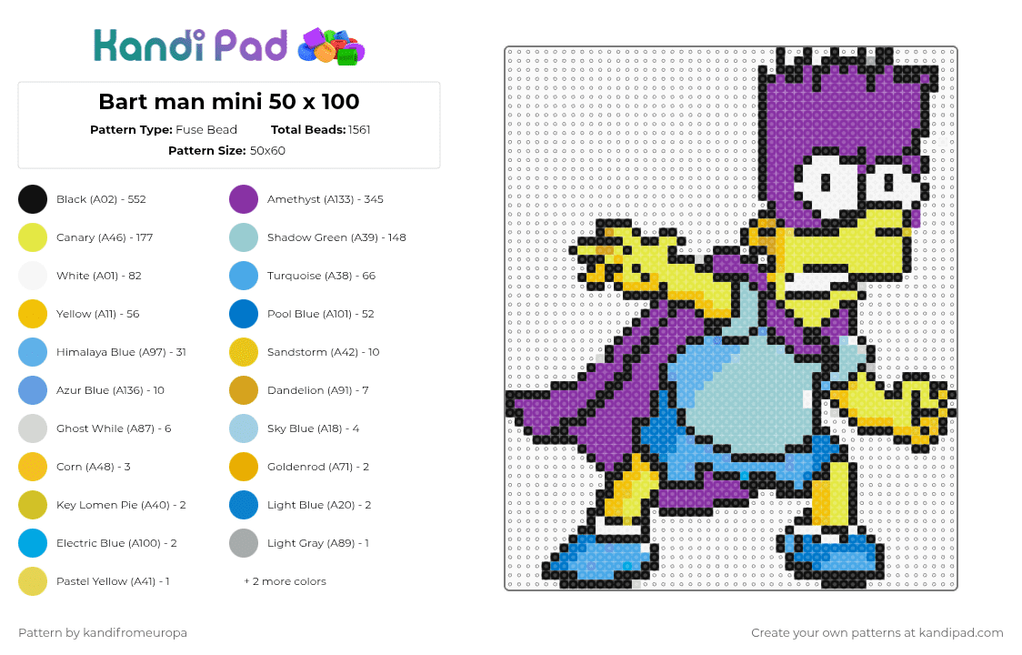 Bart man mini 50 x 100 - Fuse Bead Pattern by kandifromeuropa on Kandi Pad - bart simpson,pink,yellow,light blue