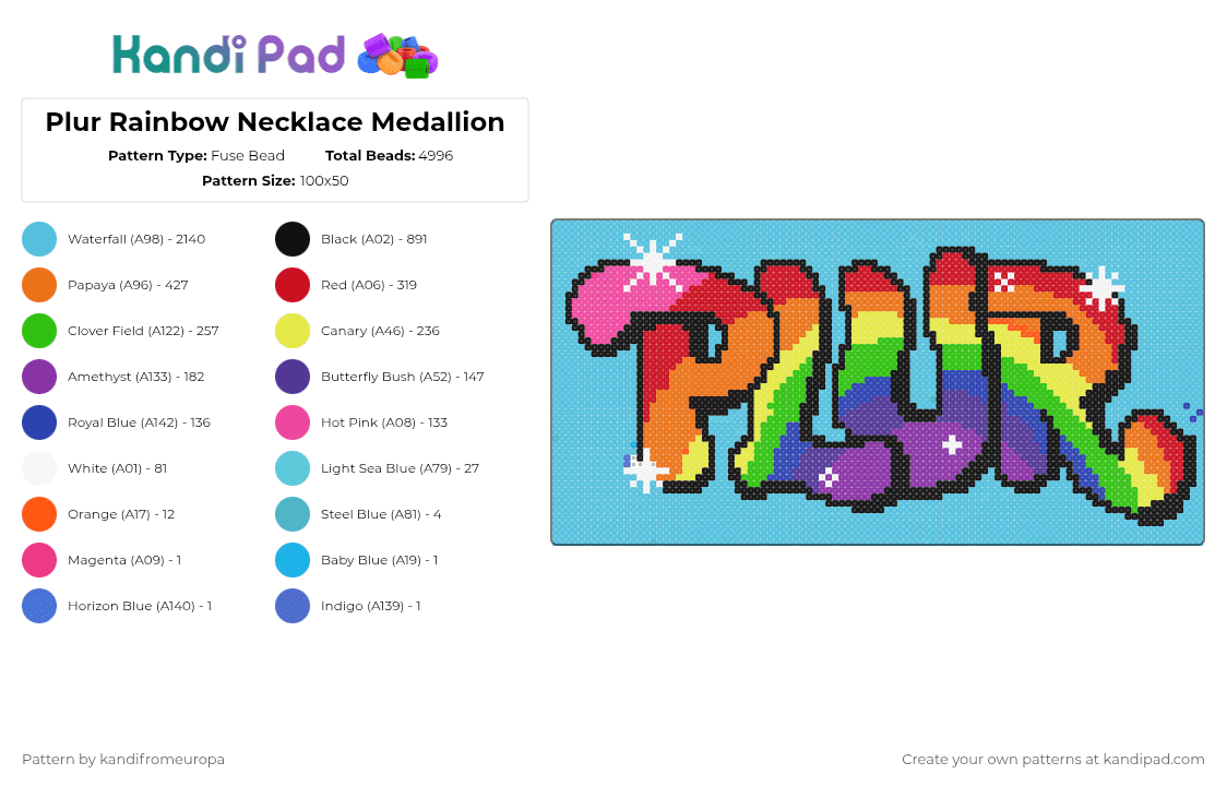 Plur Rainbow Necklace Medallion - Fuse Bead Pattern by kandifromeuropa on Kandi Pad - light blue