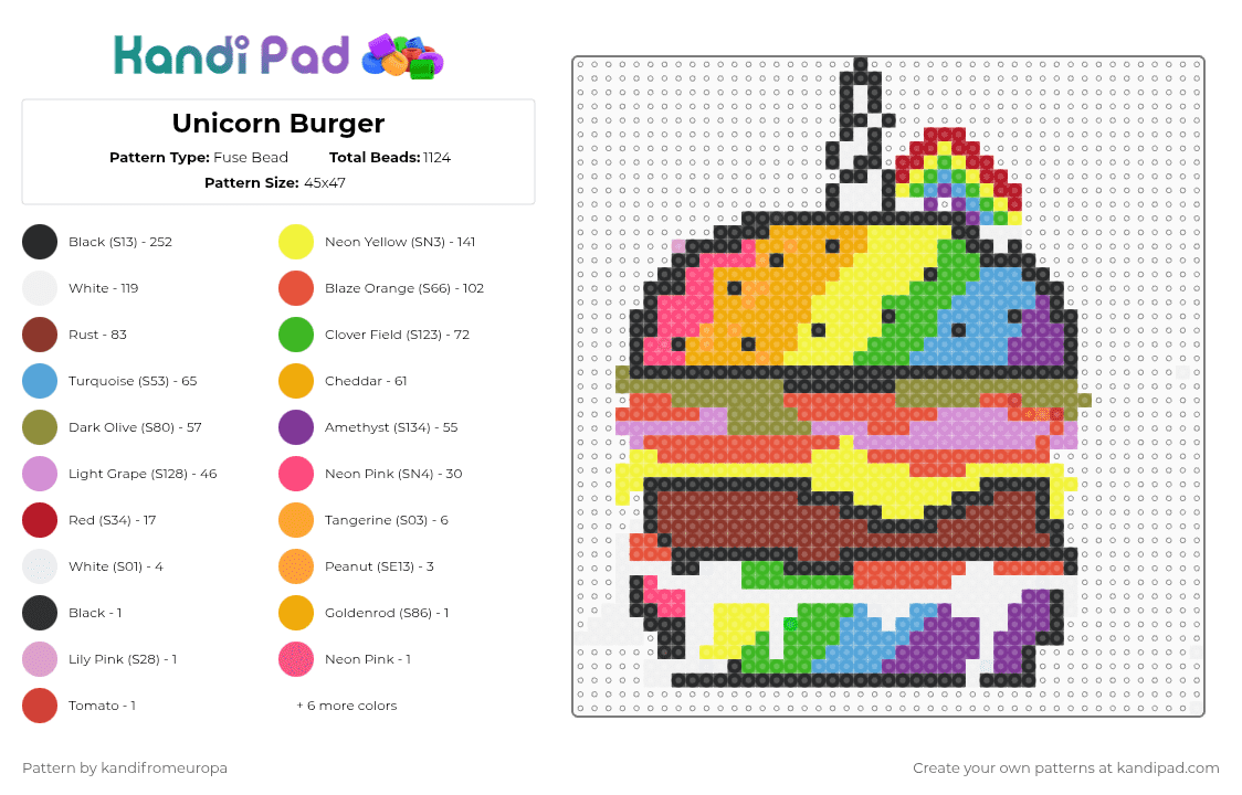 Unicorn Burger - Fuse Bead Pattern by kandifromeuropa on Kandi Pad - pink,yellow,red,cotdburgers,unicorn,burger,rainbow,neon,cute,pendant,fantacy