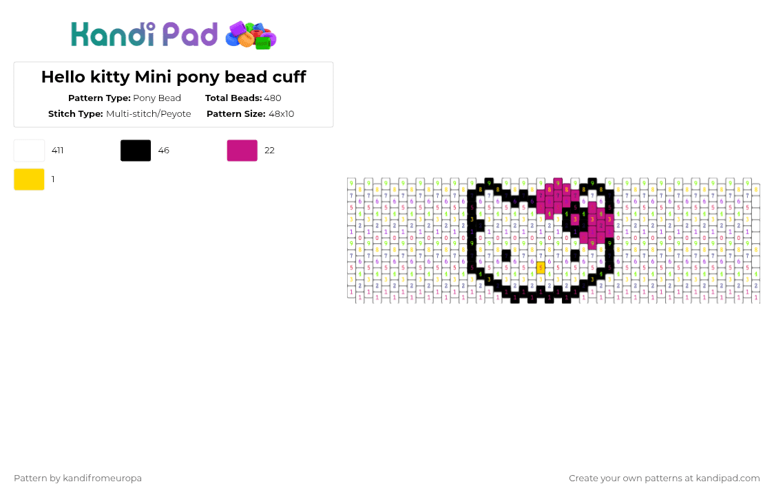 Hello kitty Mini pony bead cuff - Pony Bead Pattern by kandifromeuropa on Kandi Pad - white,pink