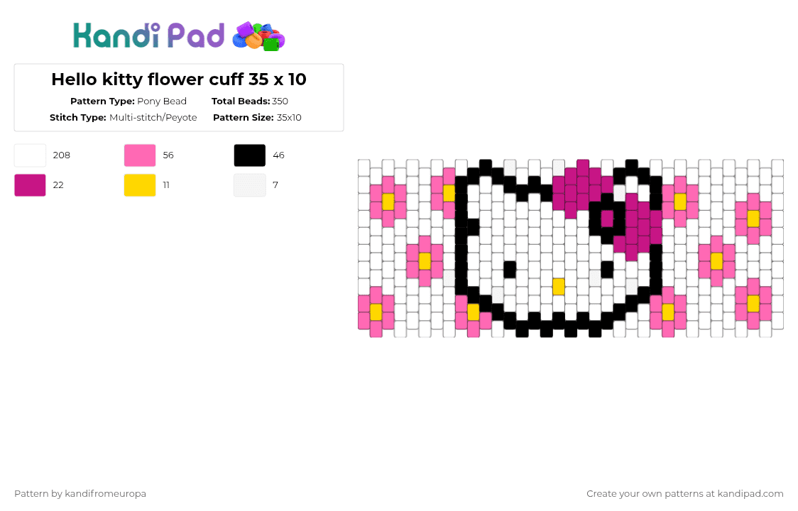 Hello kitty flower cuff 35 x 10 - Pony Bead Pattern by kandifromeuropa on Kandi Pad - white,pink