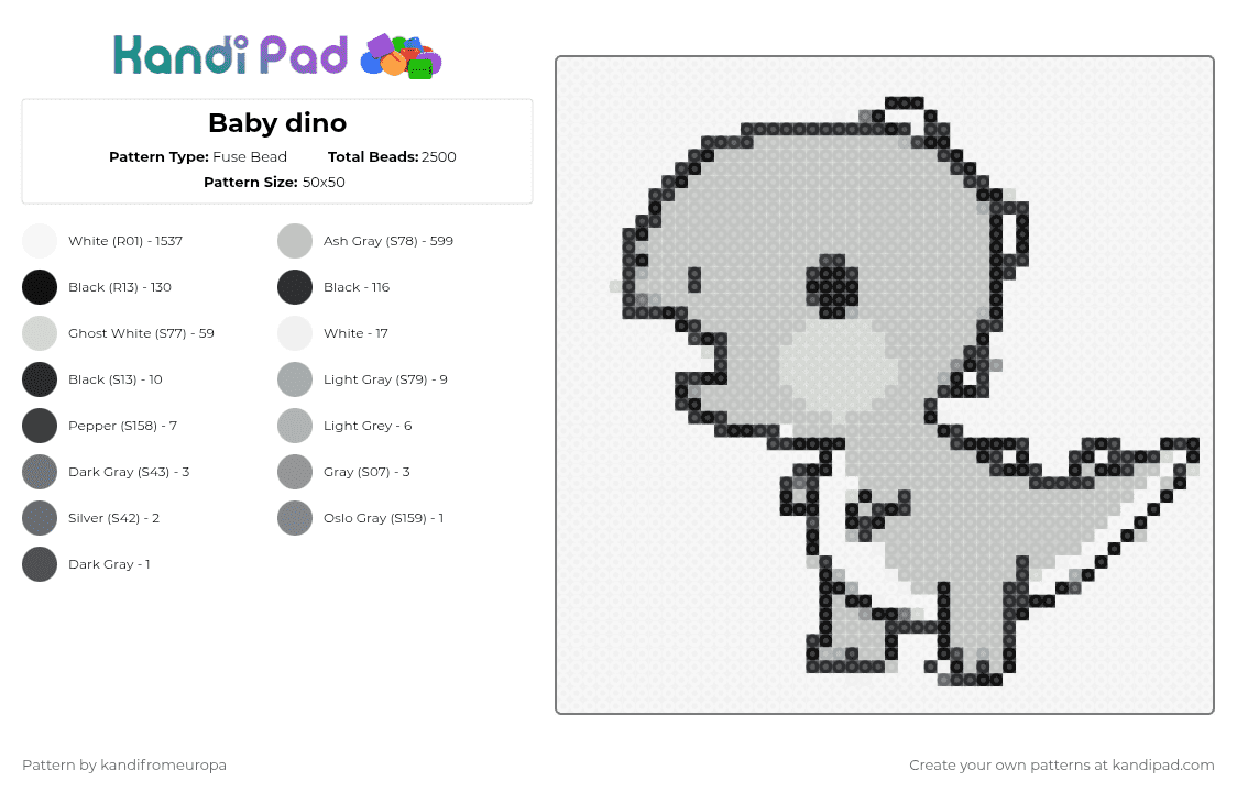 Baby dino - Fuse Bead Pattern by kandifromeuropa on Kandi Pad - white,beige