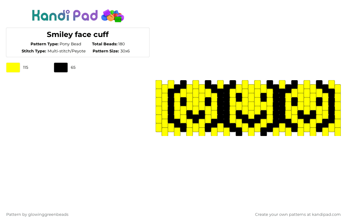 Smiley face cuff - Pony Bead Pattern by glowinggreenbeads on Kandi Pad - black,yellow