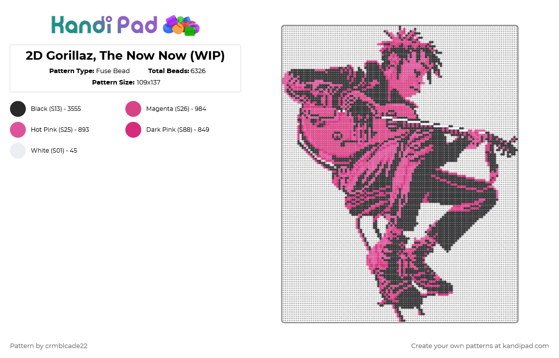 2D Gorillaz, The Now Now - Fuse Bead Pattern by crmblcade22 on Kandi Pad - pink,album,music,gorillaz,the gorillaz,2d,the now now